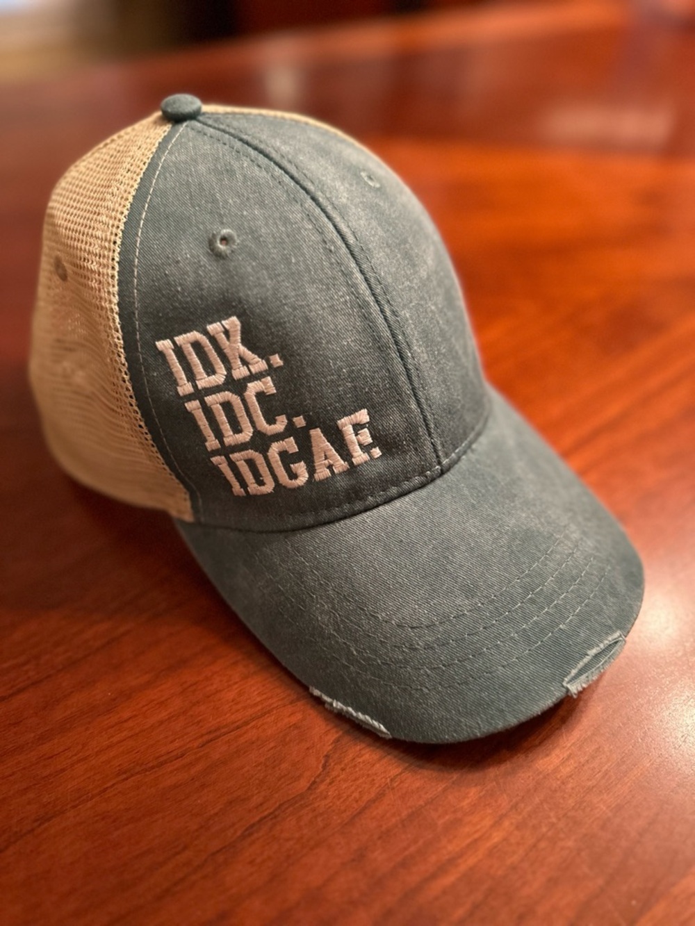 Embroidered Trucker Cap with Slogan - Olive & Khaki